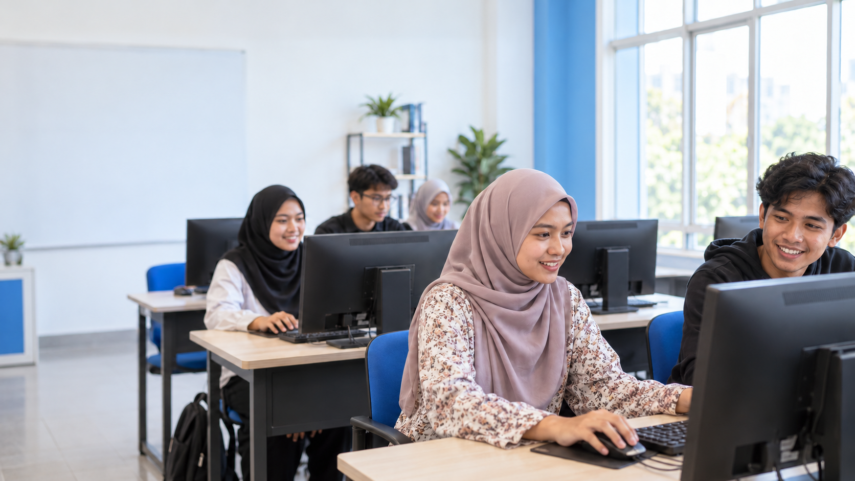 Gambaran pelajar muda Malaysia belajar menggunakan komputer dalam kelas yang cerah